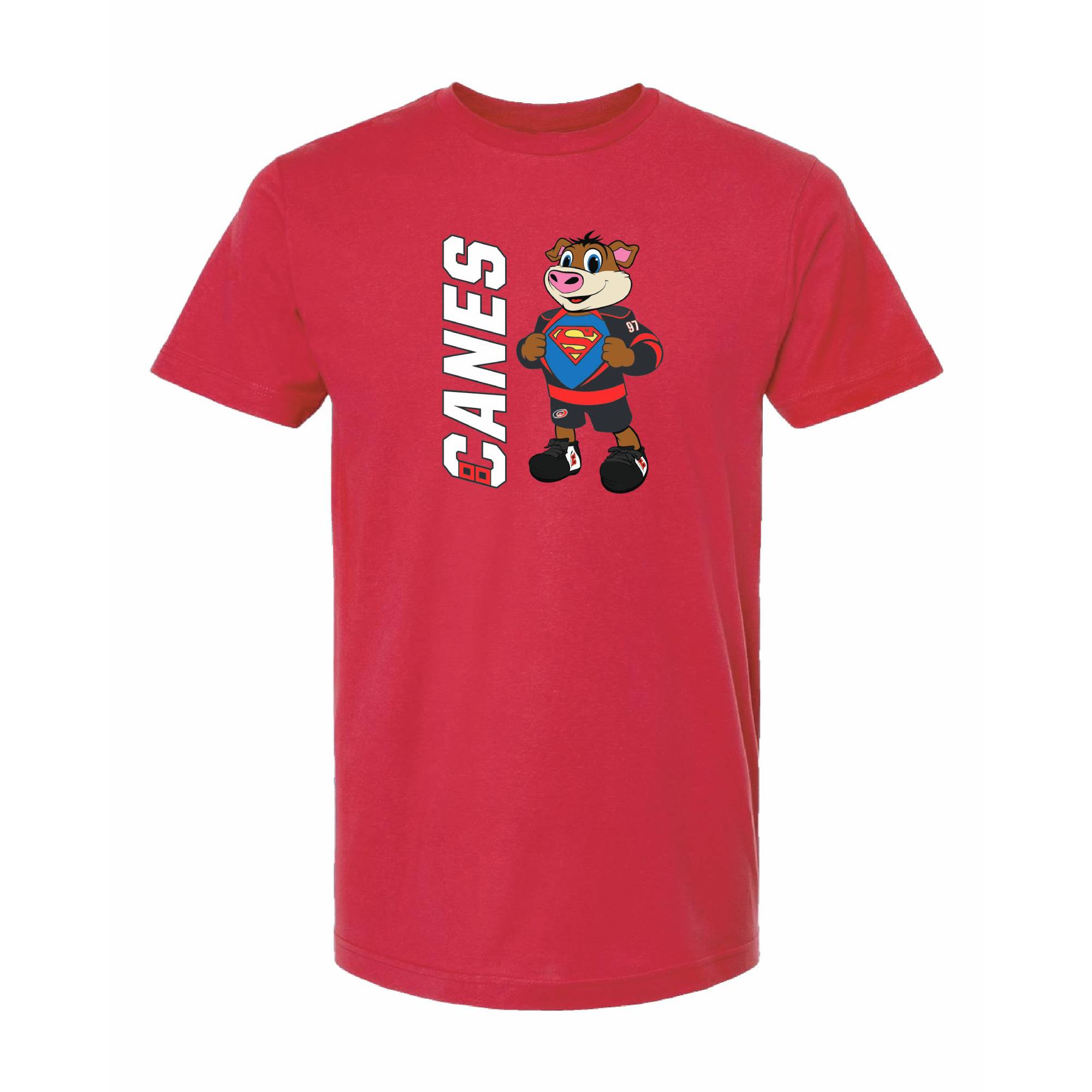 Red tee, "CANES" wordmark vertically next to Stormy tearing uniform to show Superman shirt
