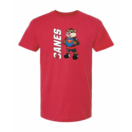 Red tee, "CANES" wordmark vertically next to Stormy tearing uniform to show Superman shirt