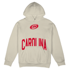Front: Cream hoodie, Red Primary logo at chest, "CAROLINA" in red arched behind front pouch