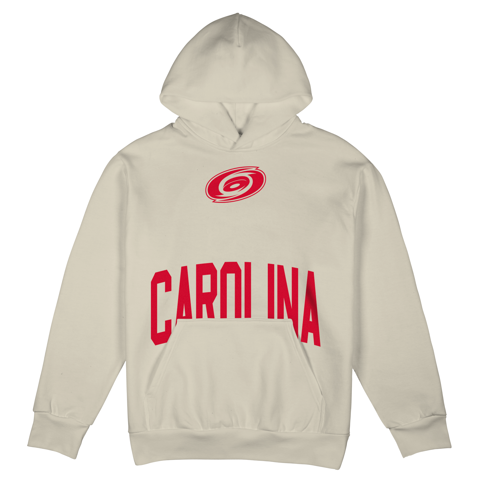 Front: Cream hoodie, Red Primary logo at chest, "CAROLINA" in red arched behind front pouch