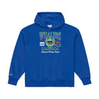 Front: Blue hoodie, Green/white Whalers artwork on front featuring goalie mask, Tail logo