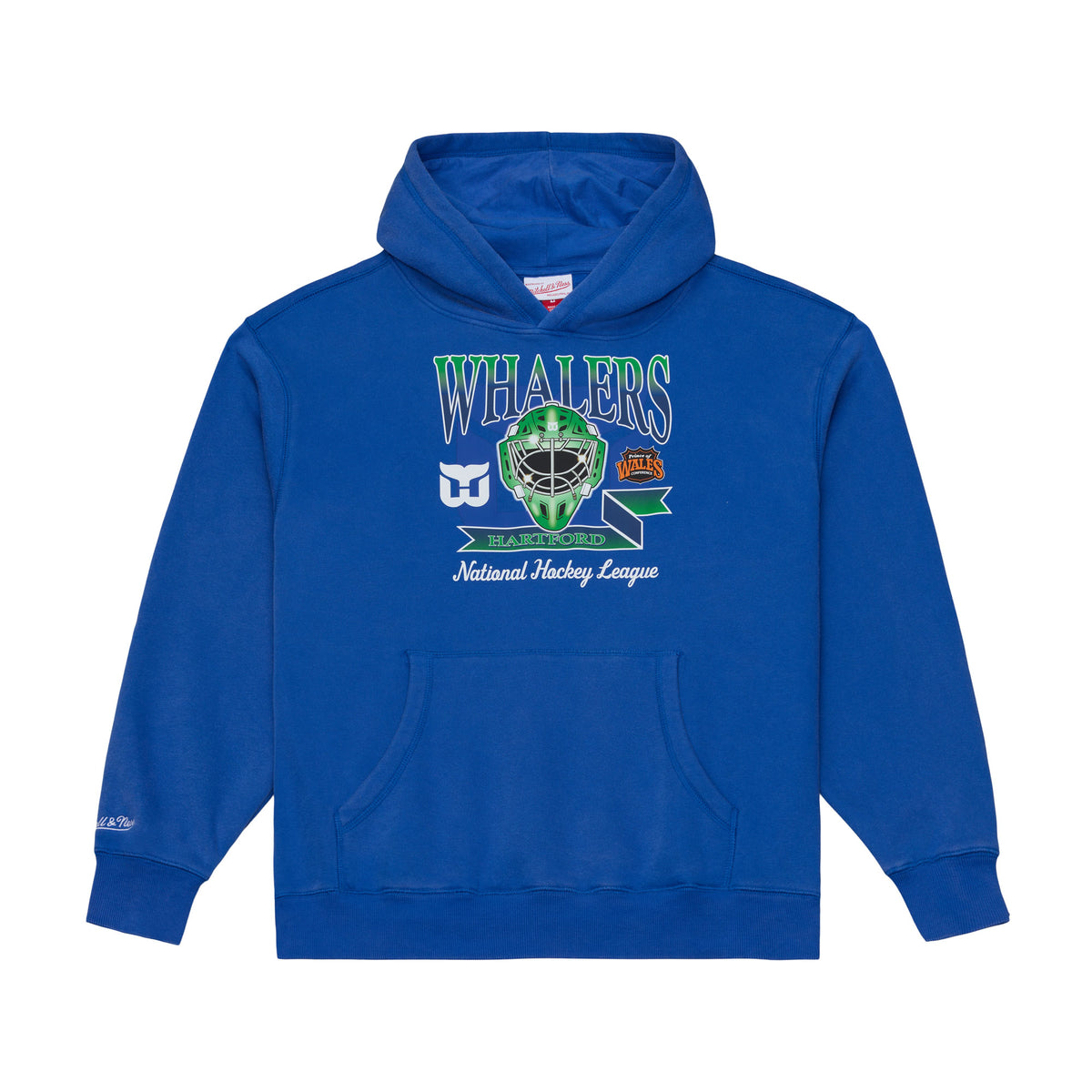 Front: Blue hoodie, Green/white Whalers artwork on front featuring goalie mask, Tail logo