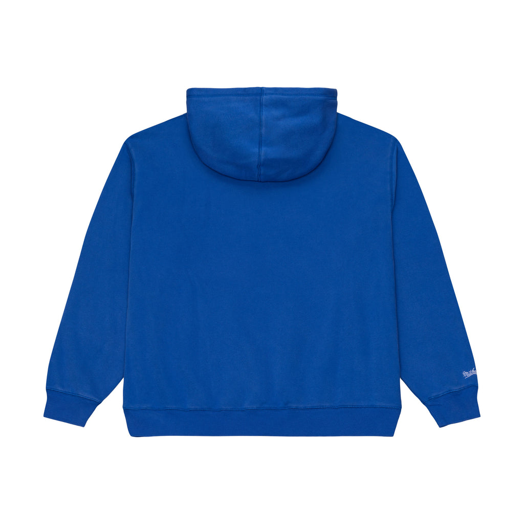 Back: Blue hoodie, no design on back, Mitchell & Ness wordmark on right sleeve