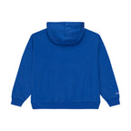 Back: Blue hoodie, no design on back, Mitchell & Ness wordmark on right sleeve