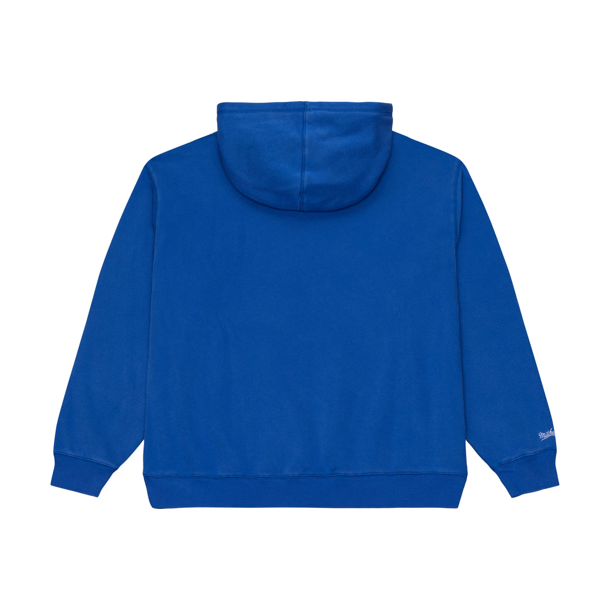 Back: Blue hoodie, no design on back, Mitchell & Ness wordmark on right sleeve