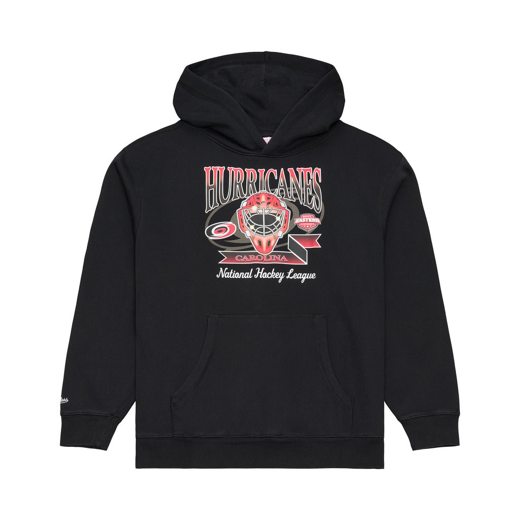 Front: Black hoodie, red/black/white artwork with goalie mask, "HURRICANES" "National Hockey League"