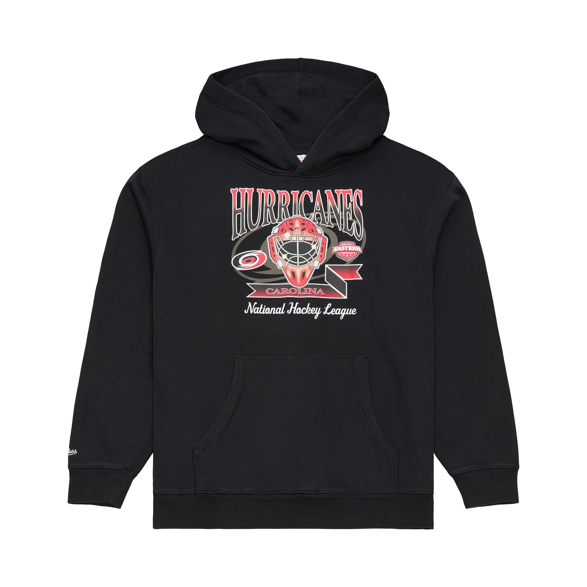 Front: Black hoodie, red/black/white artwork with goalie mask, "HURRICANES" "National Hockey League"