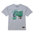 Front: Gray tee, Hartford Whalers graphic with puck in green/white/blue
