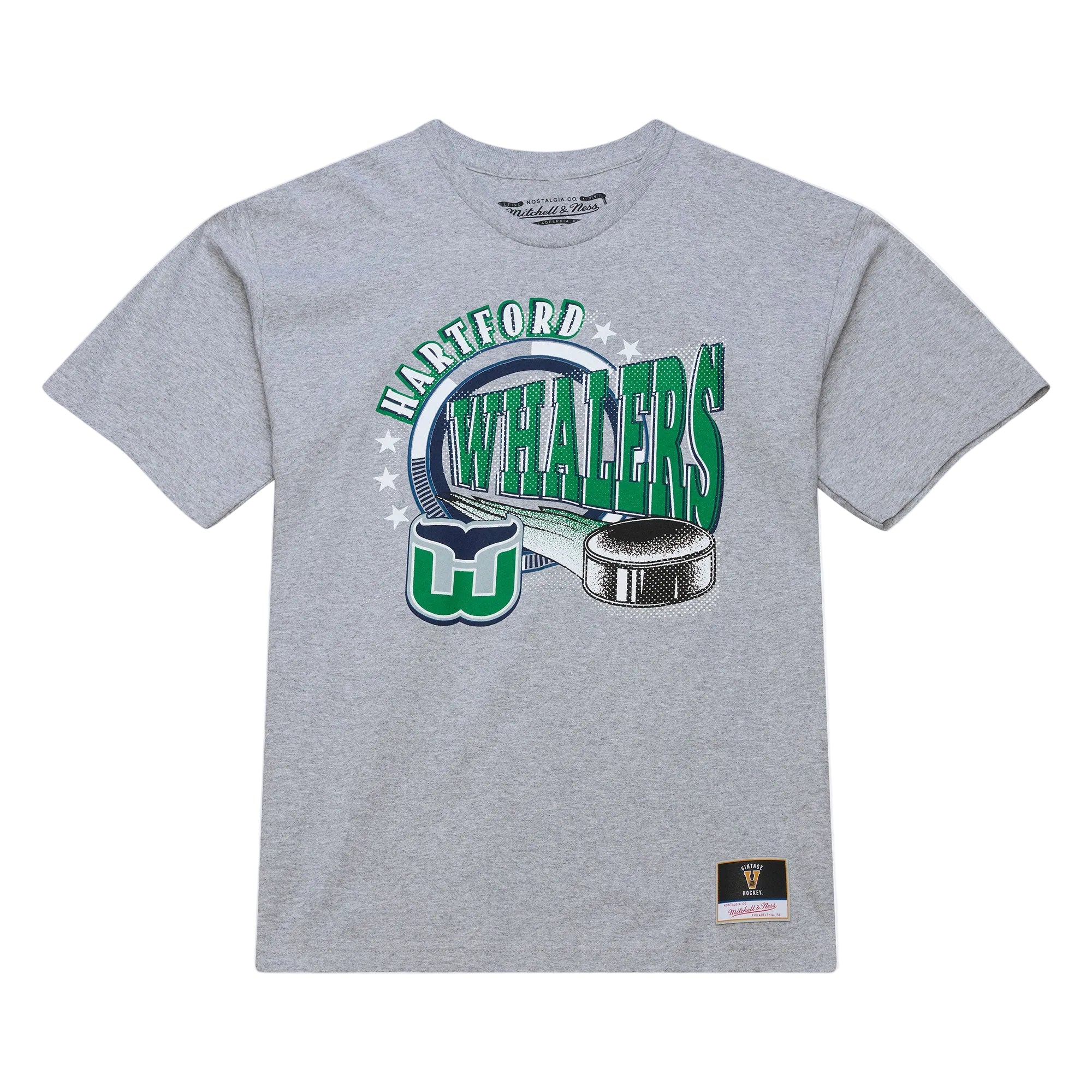 Front: Gray tee, Hartford Whalers graphic with puck in green/white/blue