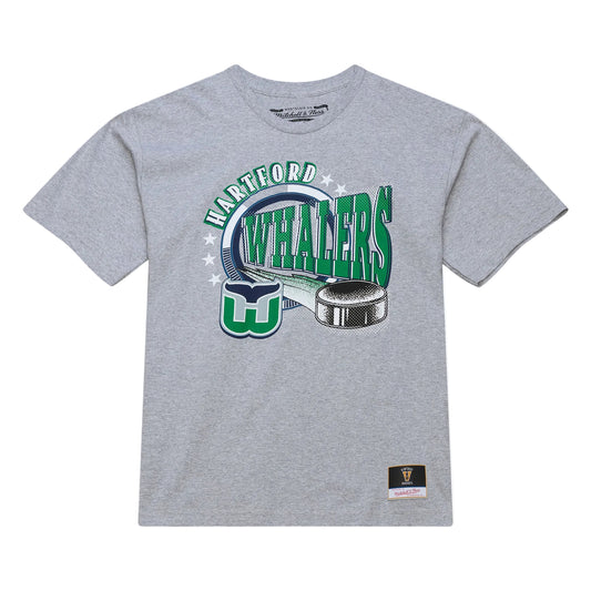 Front: Gray tee, Hartford Whalers graphic with puck in green/white/blue