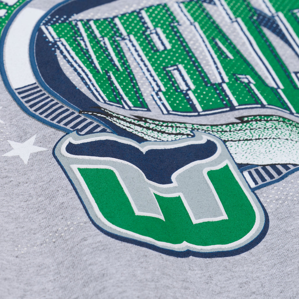 Close up of Whalers Tail logo in front graphic on front