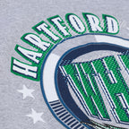 Close up of the "HARTFORD" on the graphic on front of tee