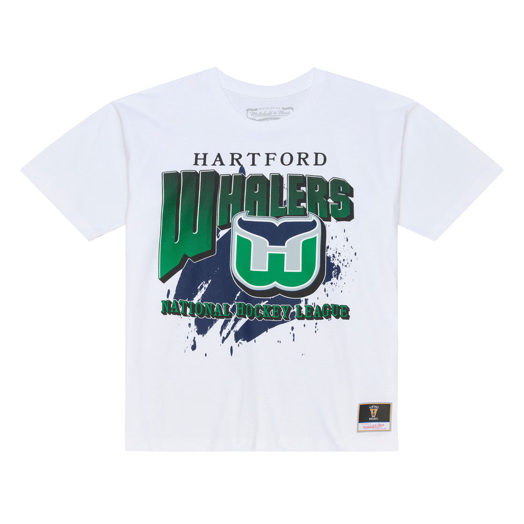 Front: White tee, green/blue graphic: "HARTFORD WHALERS NATIONAL HOCKEY LEAGUE" with Whailers Tail logo