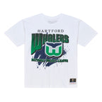Front: White tee, green/blue graphic: "HARTFORD WHALERS NATIONAL HOCKEY LEAGUE" with Whailers Tail logo