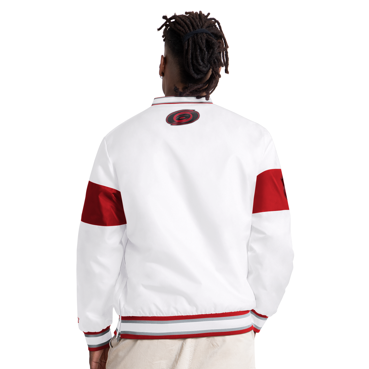 Back: Tonal Primary logo at neckline, thick red stripe on each sleeve