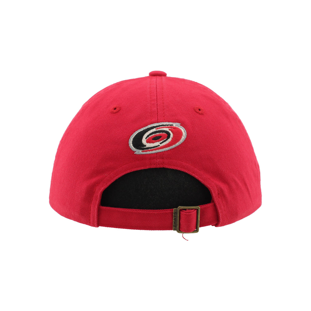 Back: Red adjustable strap with snap clasp, Primary logo above strap