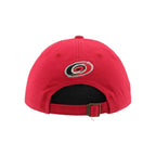 Back: Red adjustable strap with snap clasp, Primary logo above strap