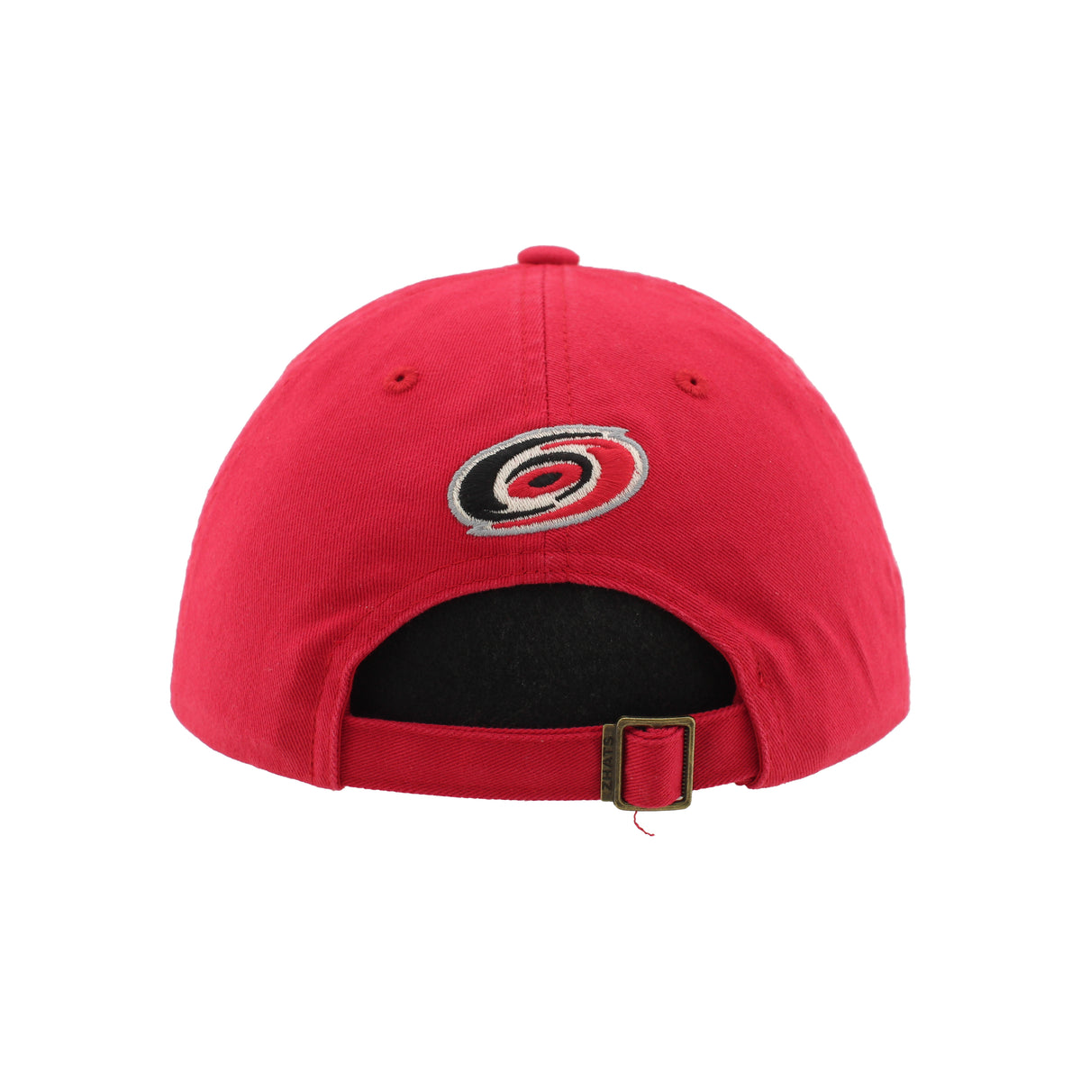 Back: Red adjustable strap with snap clasp, Primary logo above strap