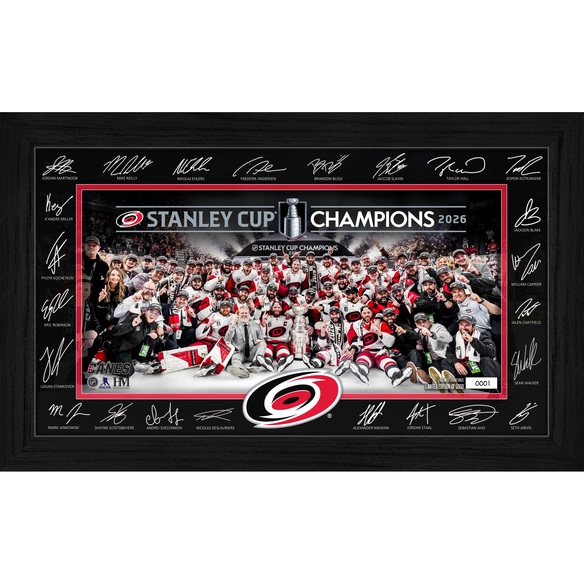 Black-framed Stanley Cup Champions photo with prints of player's autographs