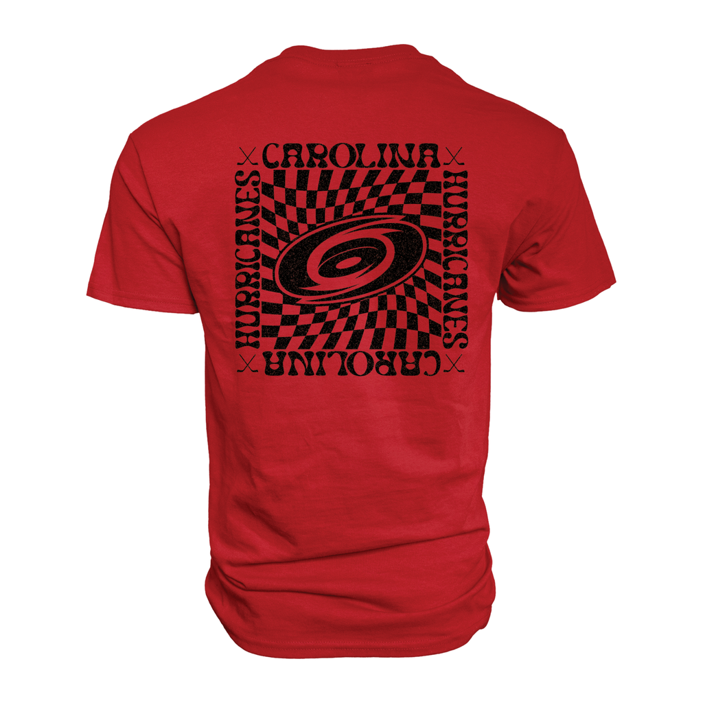 Back: Tonal logo over square gridded background, "CAROLINA HURRICANES" around trim, all in black