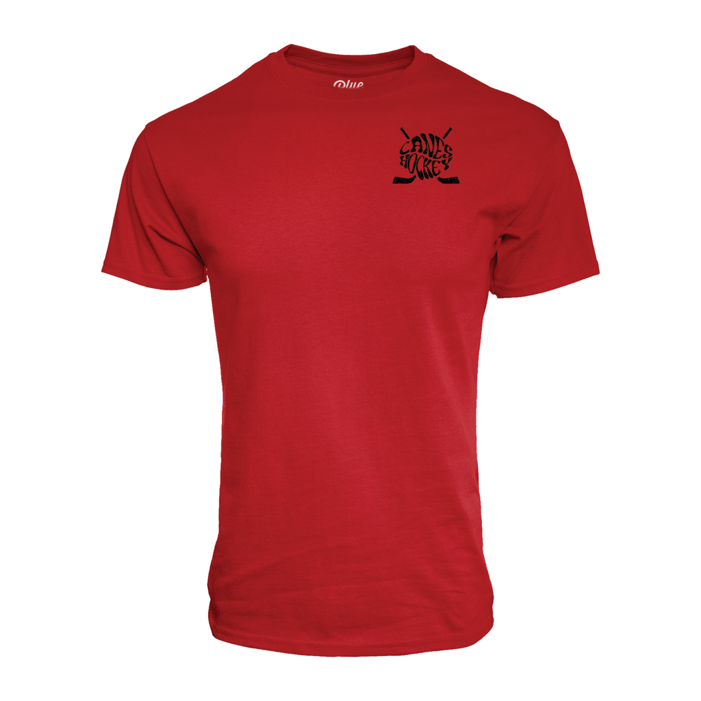 Front: Red tee, "CANES HOCKEY" in wavy font in black with black cross sticks behind wording