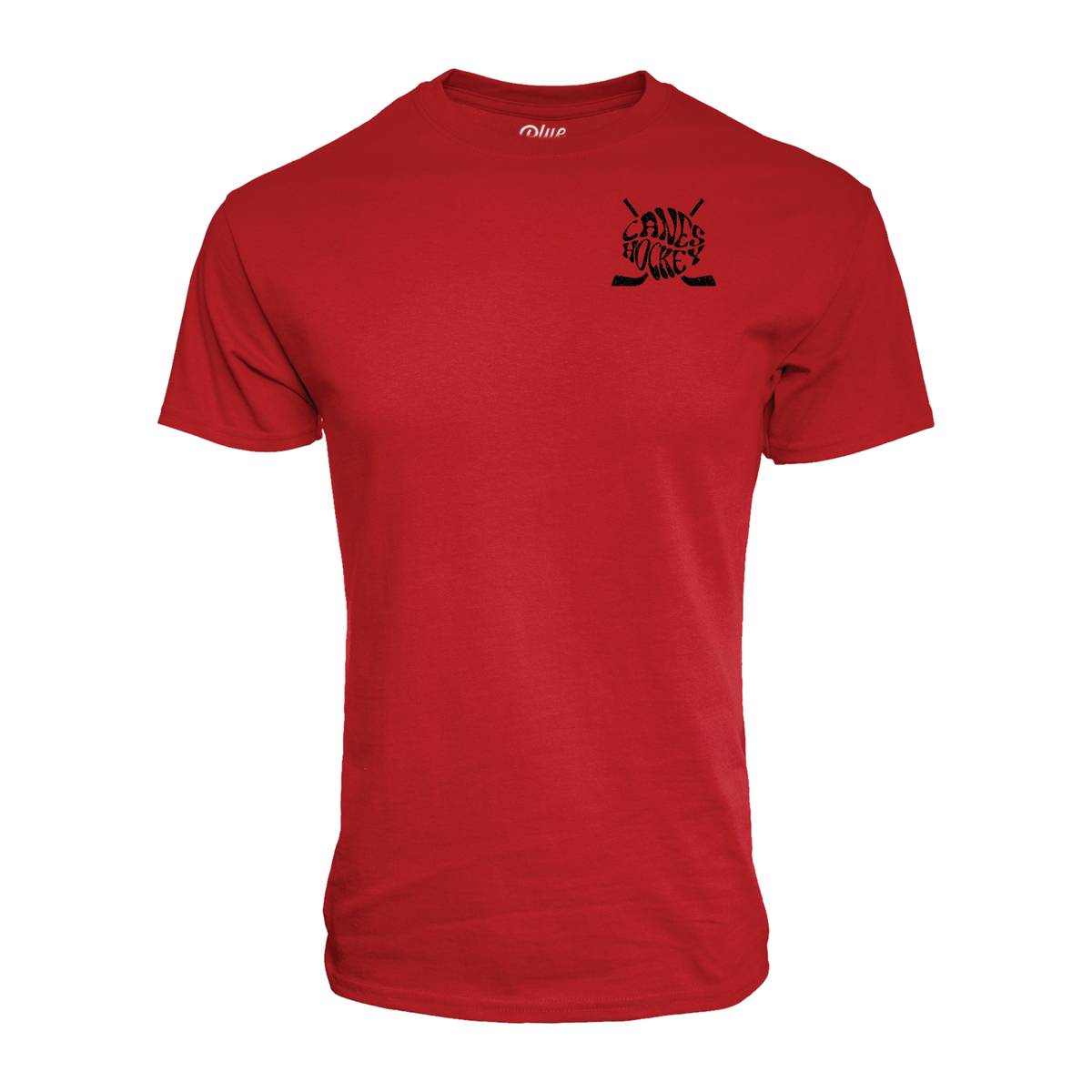 Front: Red tee, "CANES HOCKEY" in wavy font in black with black cross sticks behind wording