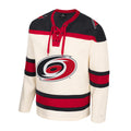 White pullover sweater with black/red accents, red laces, Primary logo on chest, Flags logo on shoulders