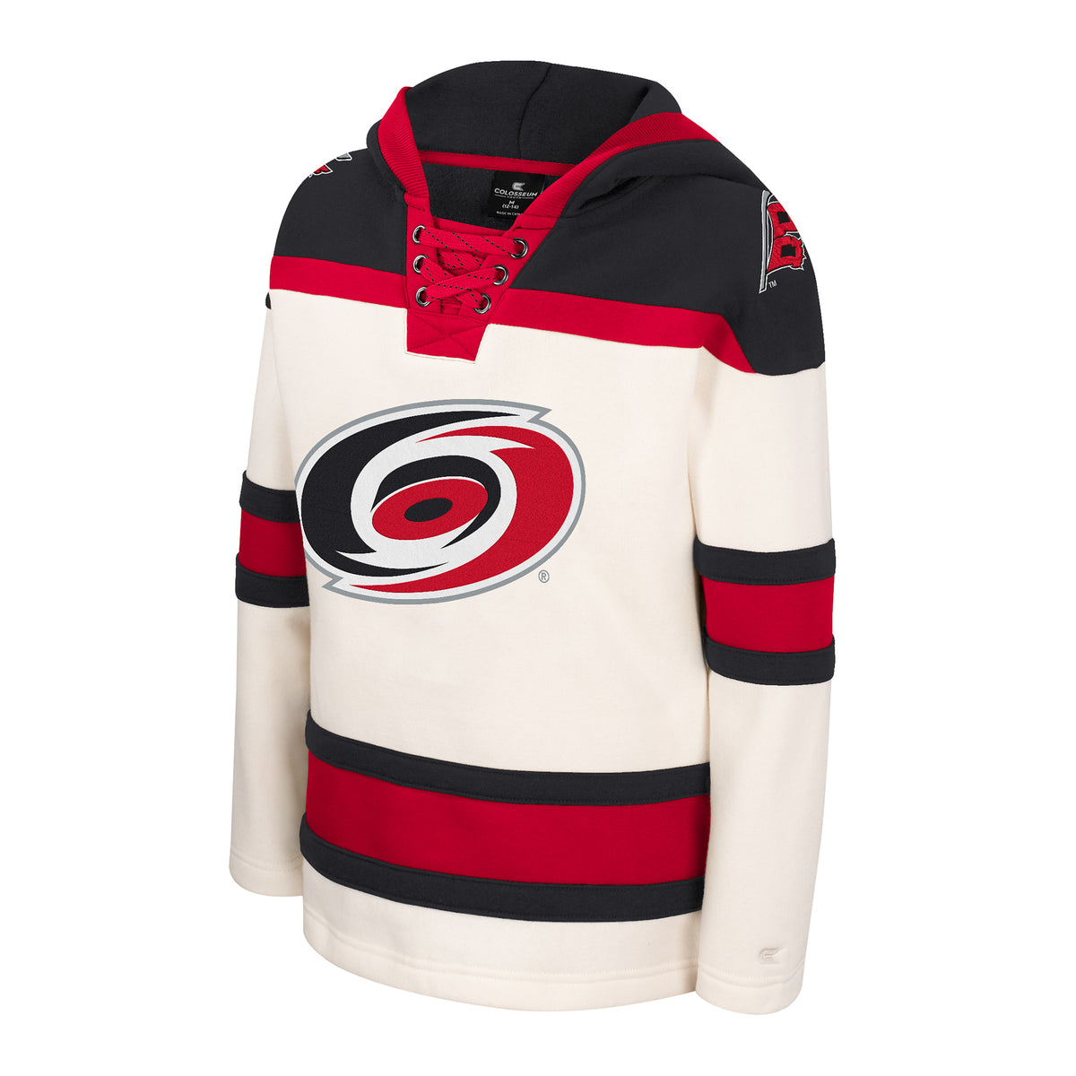 White hoodie, red/black accents, red laces, Primary logo across chest, Flags logo on shoulders