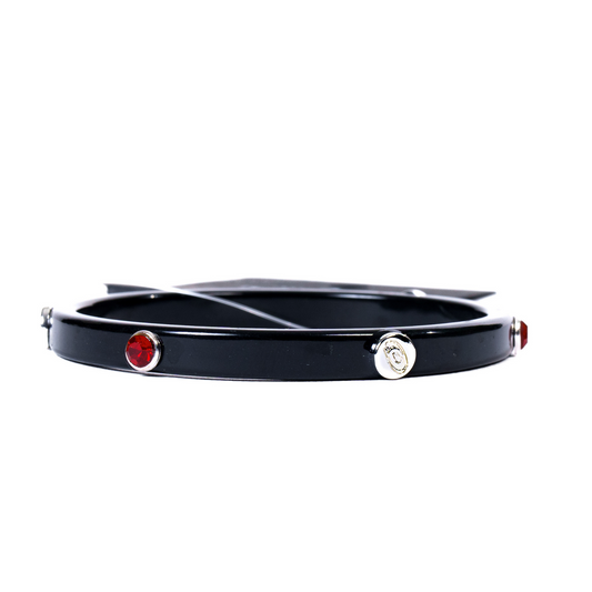 Black bracelet with red and silver studs, Primary logo engraved in silver studs
