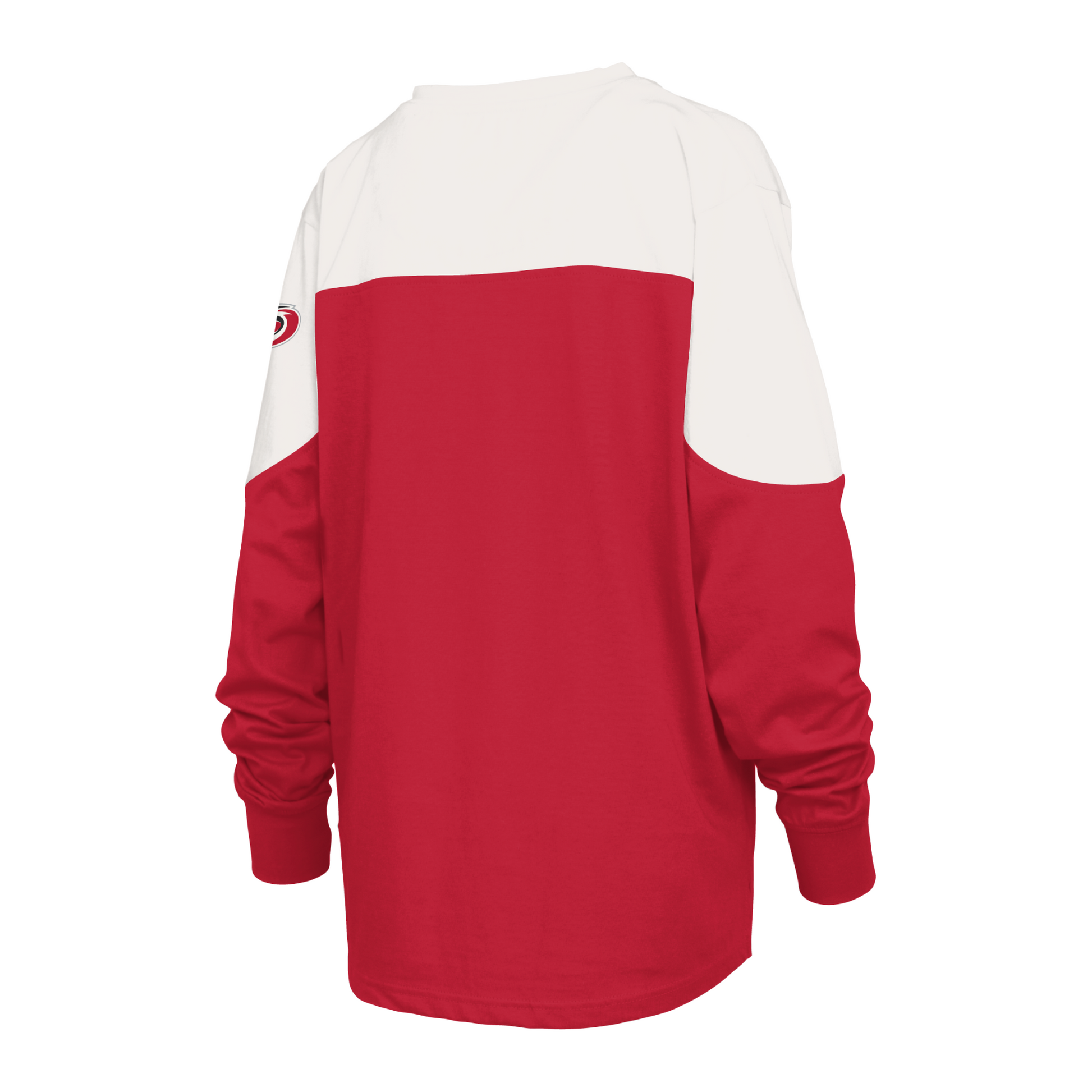 Back: Red sweater with white shoulders, Primary logo on left shoulder