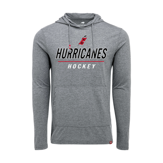 Gray lightweight hood, "HURRICANES HOCKEY" in black and white with Flags logo above