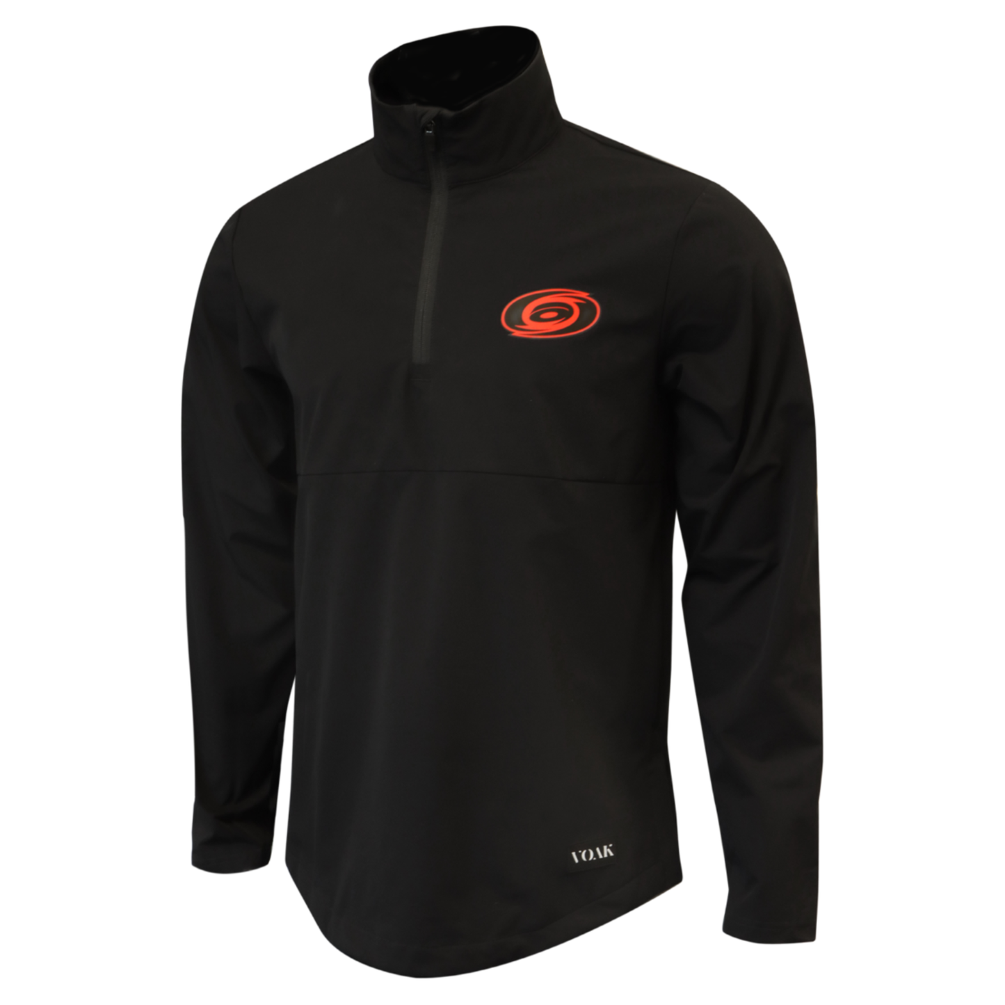 Black quarter-zip, Tonal primary logo on left chest, 'Voak' patch on left of waist