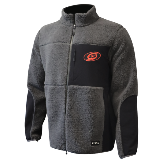 Gray full-zip sherpa with black accents, Tonal Primary logo on left chest