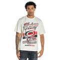 White tee, red/white/black band graphic-tee-style artwork of Hurricanes on front
