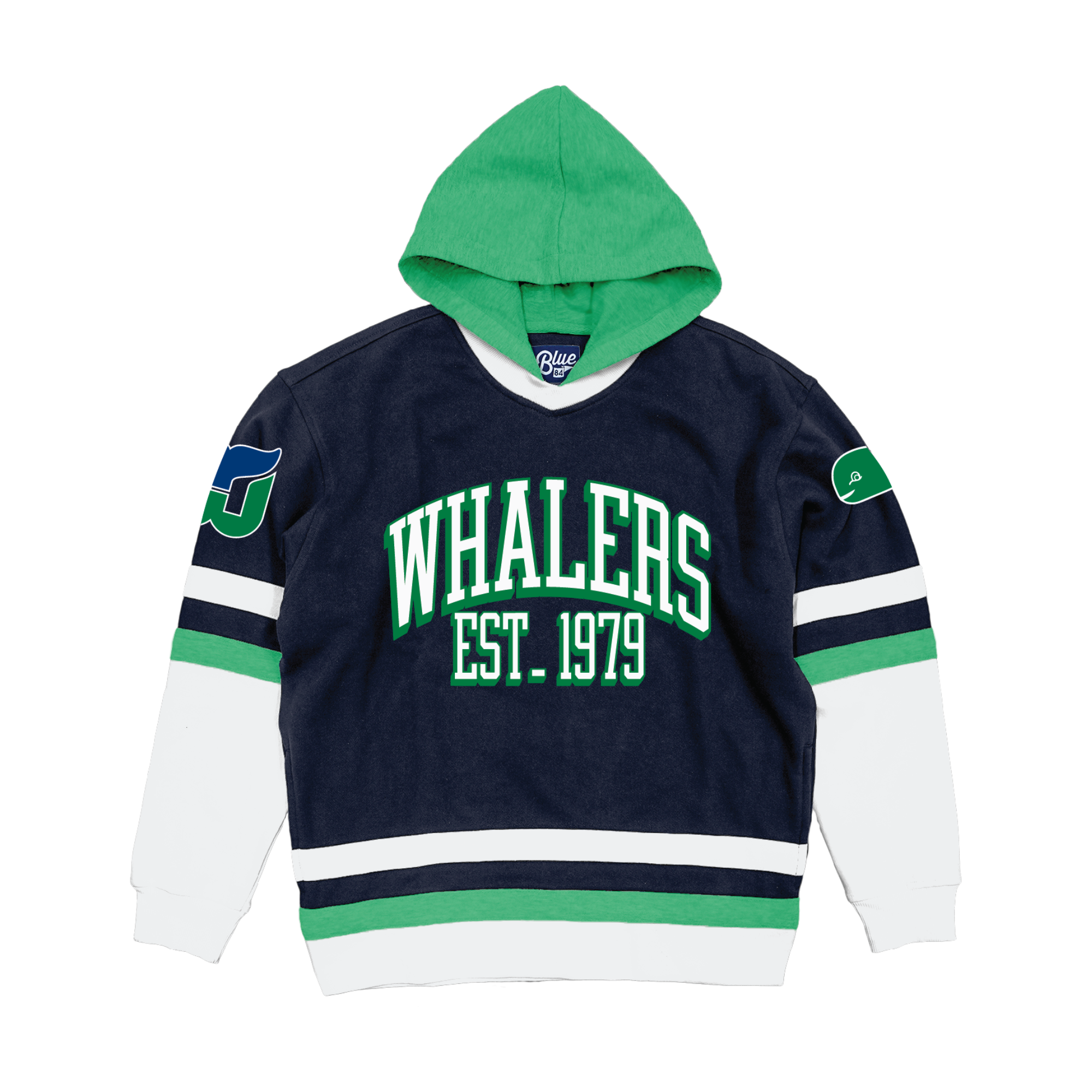 Navy blue hoodie with green/white accents, green hood, "WHALERS EST. 1979" across front in white/green