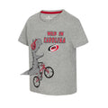 Grey tee, "WILD IN CAROLINA" on left chest with dinosaur riding bike, 3D tail attached to tee