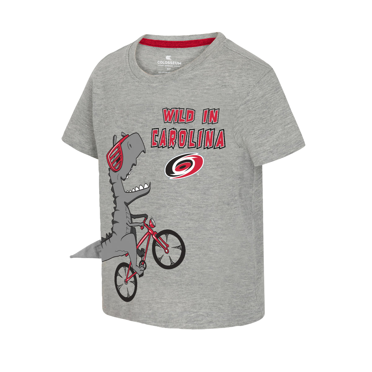 Grey tee, "WILD IN CAROLINA" on left chest with dinosaur riding bike, 3D tail attached to tee