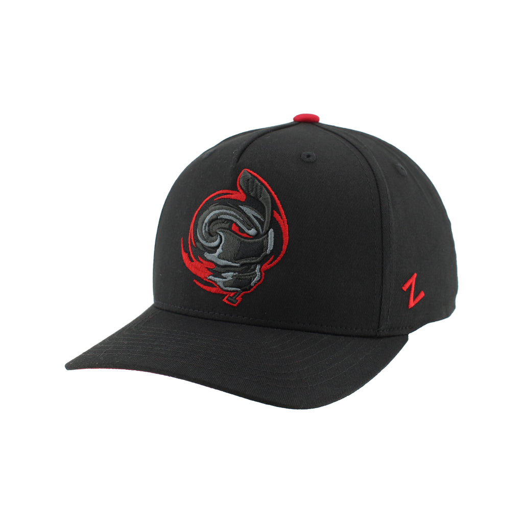 Front Left: Black hat, black/red artwork of Cartoon Storm on front