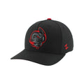 Front Left: Black hat, black/red artwork of Cartoon Storm on front