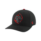 Front Left: Black hat, black/red artwork of Cartoon Storm on front