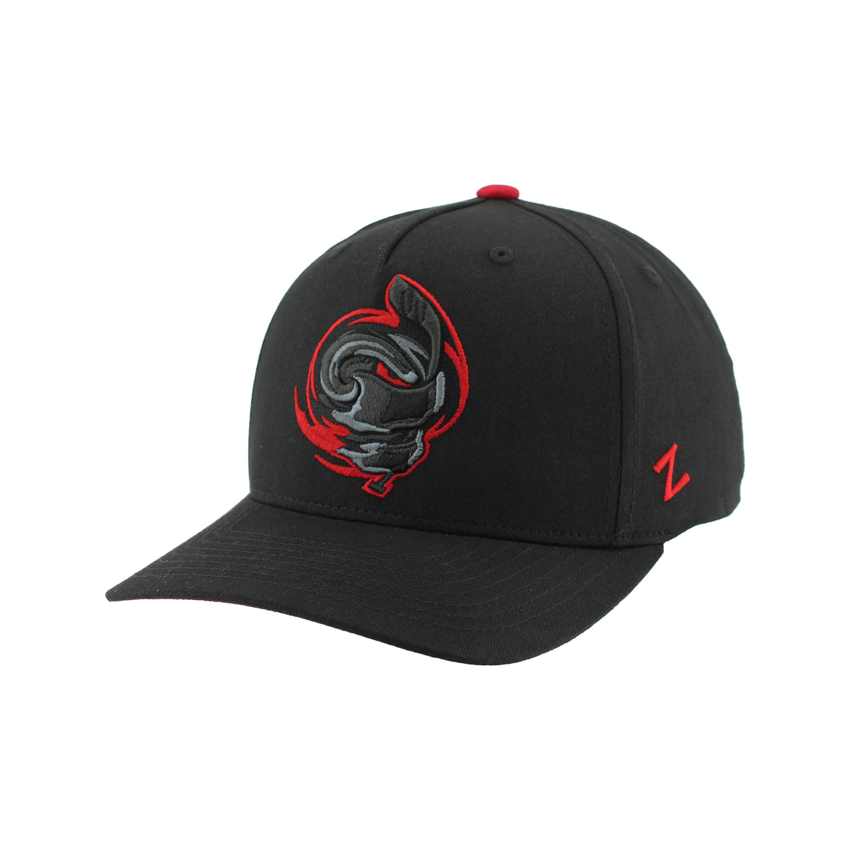 Front Left: Black hat, black/red artwork of Cartoon Storm on front