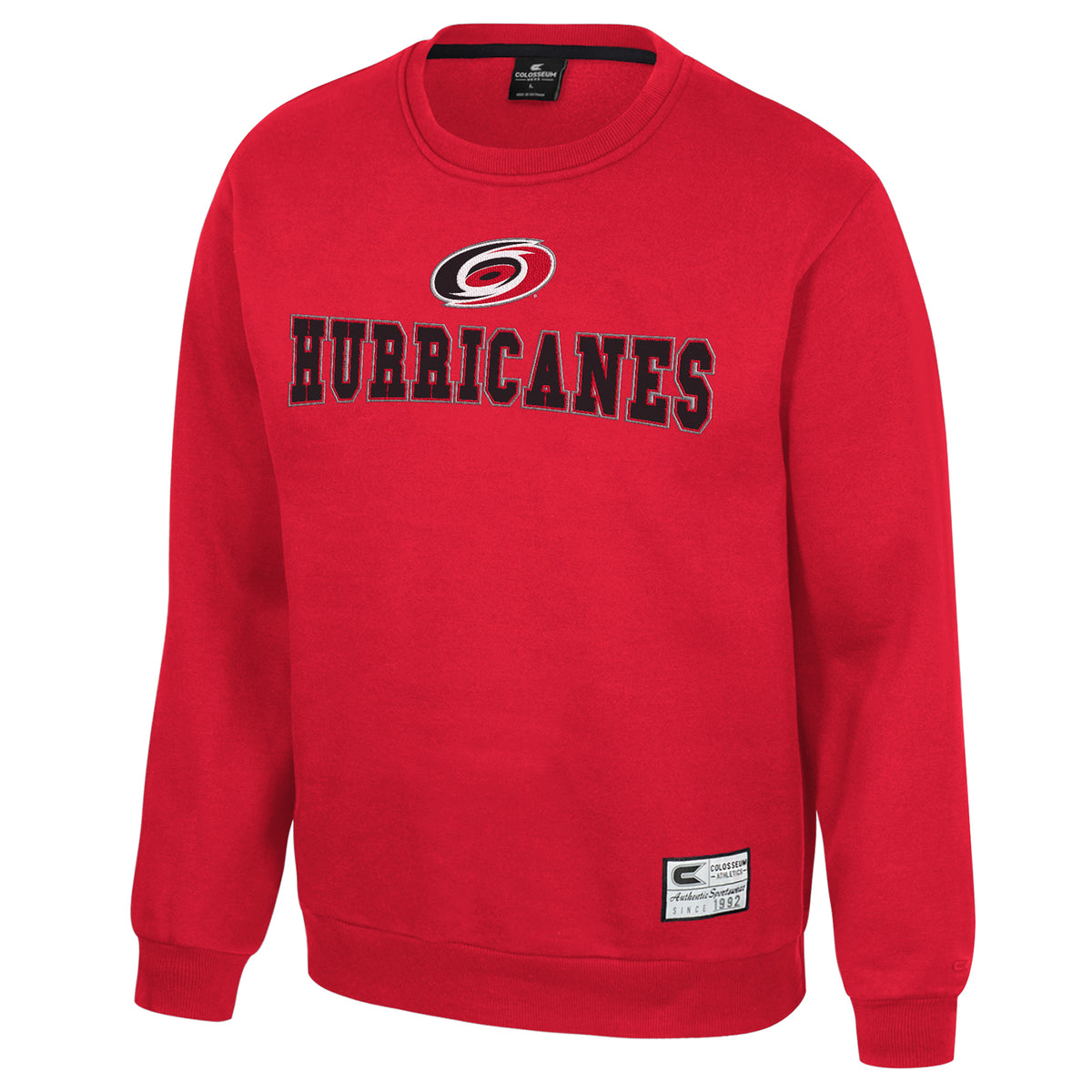 Red crewneck, "HURRICANES" across chest in black/silver with Primary logo above