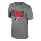 Front: Gray tee, "HURRICANES" across chest in red with gray/black accents, Primary logo beneath