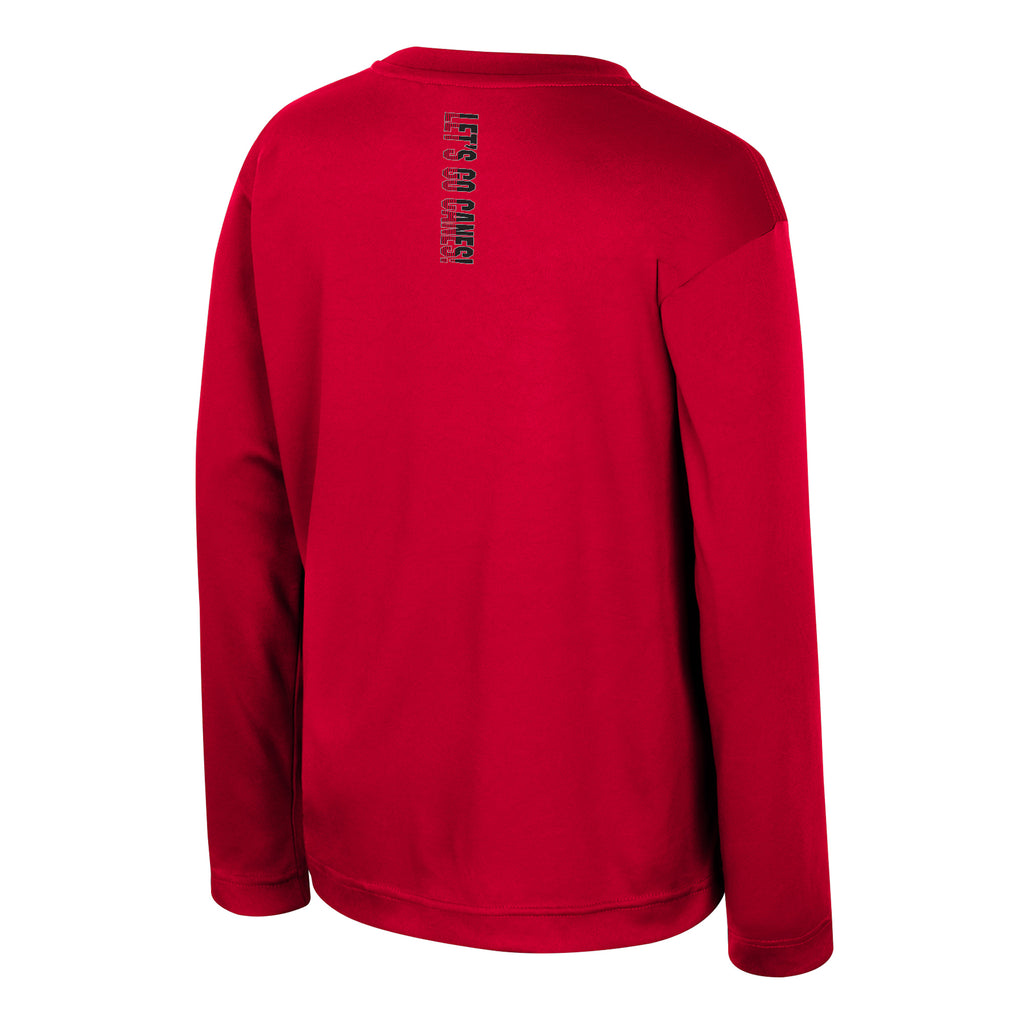 Back: Red longsleeve, "LET'S GO CANES!" in red/black gradient horizontally at neckline