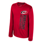 Front: Red longsleeve, Primary logo on left chest with "HURRICANES CAROLINA" horizontally below logo