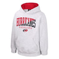 Light gray hoodie, "HURRICANES CAROLINA" in red/black/white, small Primary logo beneath across chest