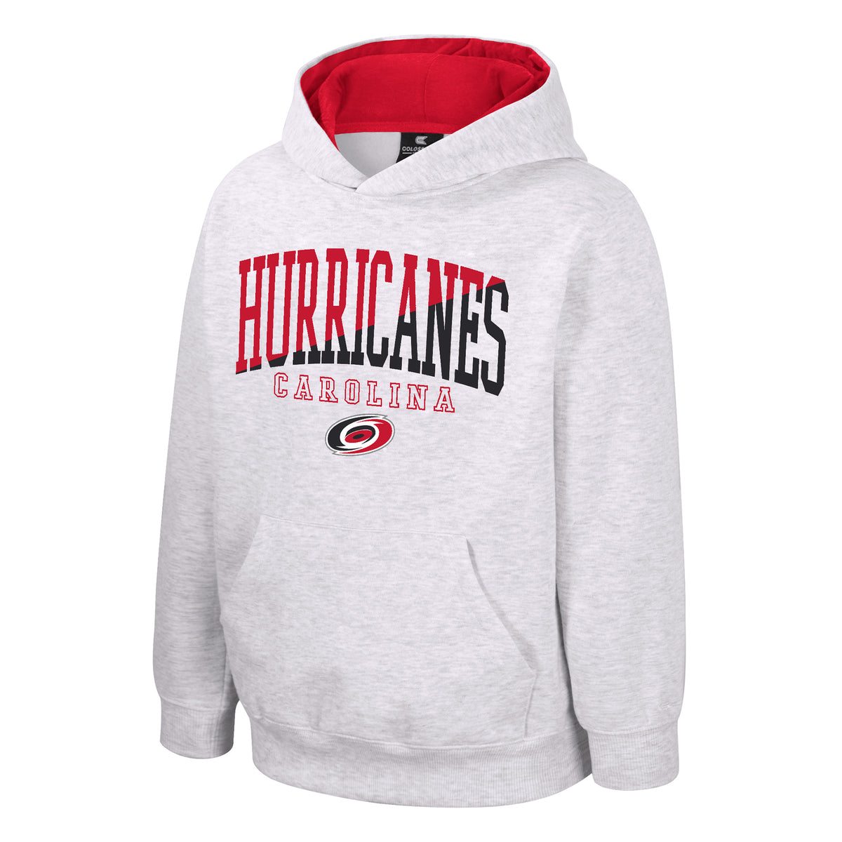 Light gray hoodie, "HURRICANES CAROLINA" in red/black/white, small Primary logo beneath across chest