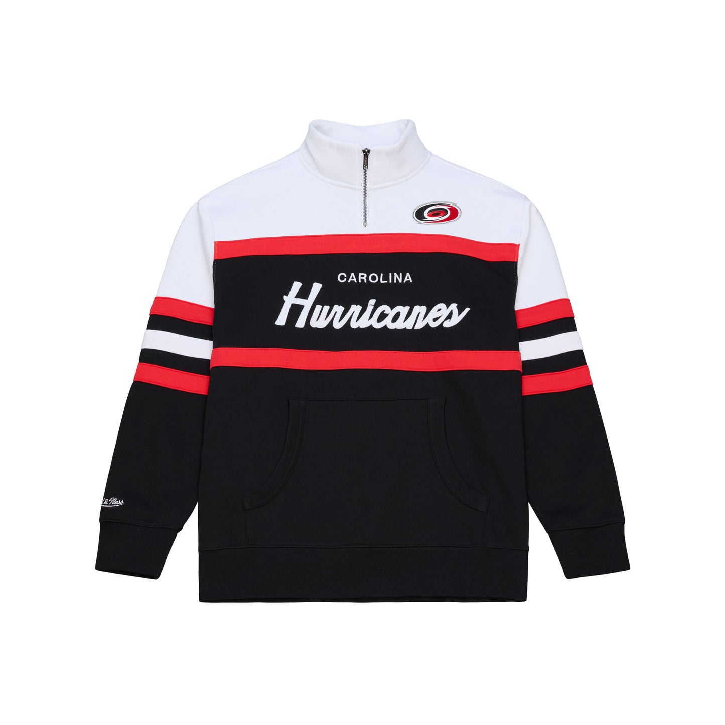 Front: Black quarter zip, red/white stripes, white shoulders, "Carolina Hurricanes" across chest