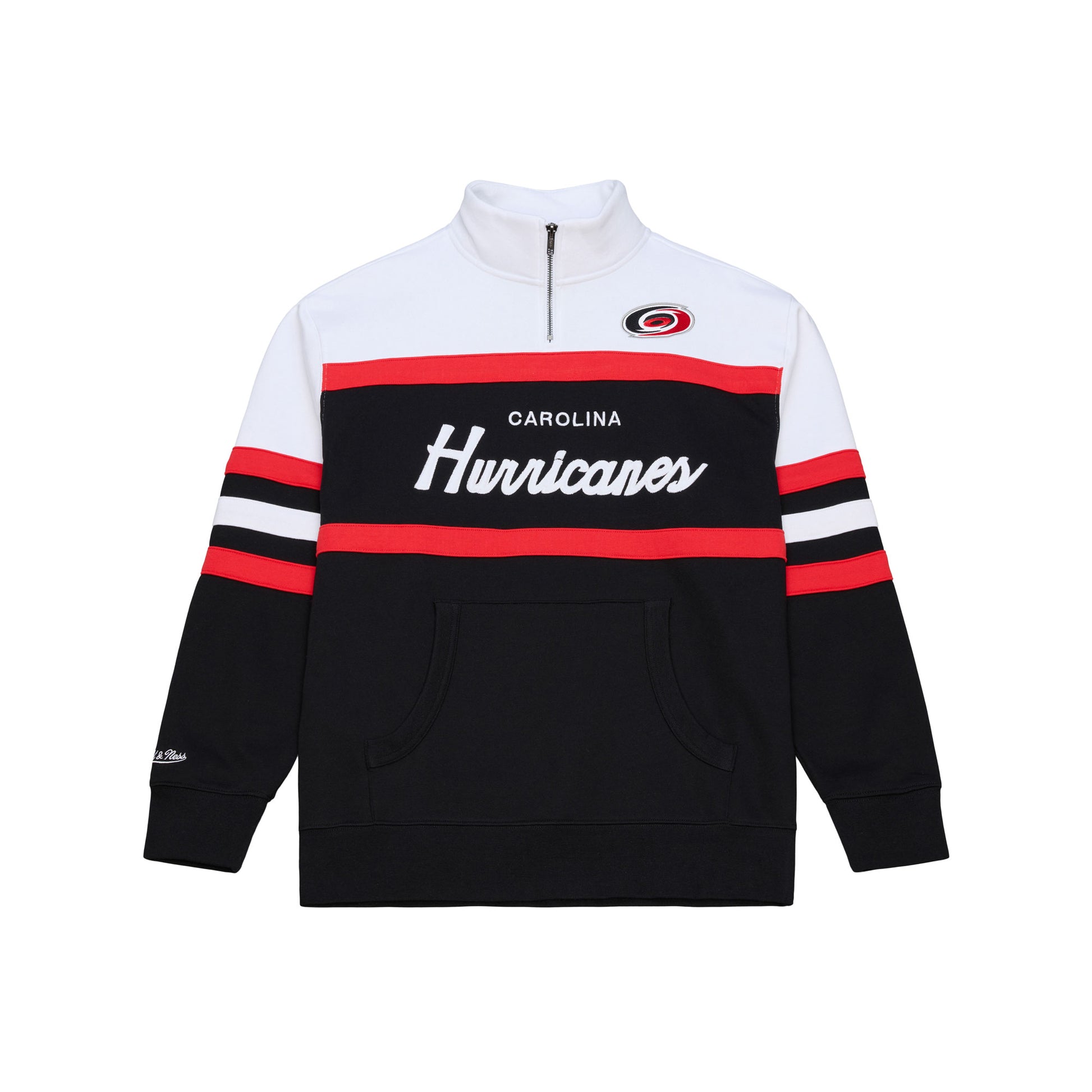 Front: Black quarter zip, red/white stripes, white shoulders, "Carolina Hurricanes" across chest