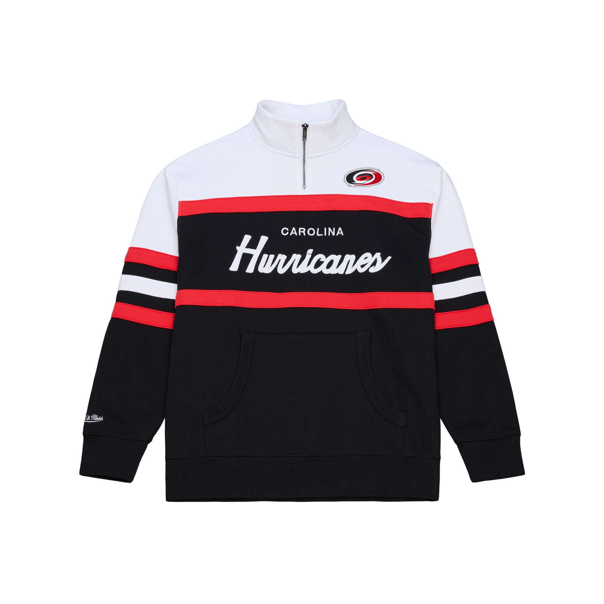 Front: Black quarter zip, red/white stripes, white shoulders, "Carolina Hurricanes" across chest